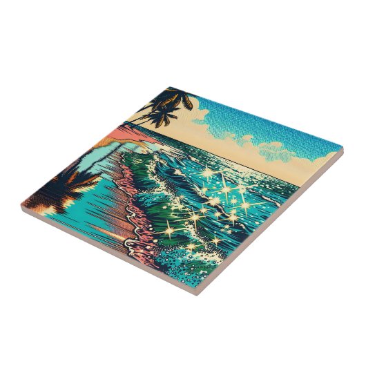 Schönes Comic Pop Art Style Beach Szene Fliese (Seite)