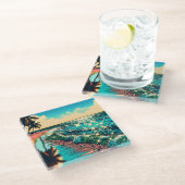 Schönes Comic Pop Art Style Beach Szene Glasuntersetzer (Schrägansicht)