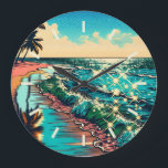 Schönes Comic Pop Art Style Beach Szene Große Wanduhr<br><div class="desc">Schöne blaue Ozeanwellen an einem Sandstrand mit hübscher Reflexion im Wasser. Palmen und glitzerndes Wasser und ein bewölkter Himmel.</div>