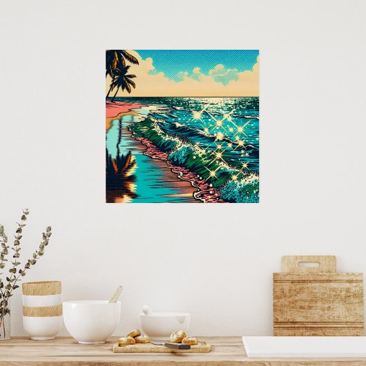 Schönes Comic Pop Art Style Beach Szene Poster (Küche)