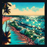 Schönes Comic Pop Art Style Beach Szene Poster<br><div class="desc">Schöne blaue Ozeanwellen an einem Sandstrand mit hübscher Reflexion im Wasser. Palmen und glitzerndes Wasser und ein bewölkter Himmel.</div>