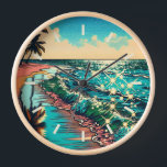 Schönes Comic Pop Art Style Beach Szene Uhr<br><div class="desc">Schöne blaue Ozeanwellen an einem Sandstrand mit hübscher Reflexion im Wasser. Palmen und glitzerndes Wasser und ein bewölkter Himmel.</div>