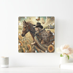 Schönes Cowgirl und Pferd Sunlit Landschaft Quadratische Wanduhr