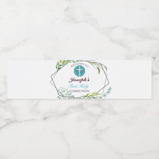 Schönes Cross Blue Floral First Heilige Kommune Wasserflaschenetikett (Einzelnes Label)