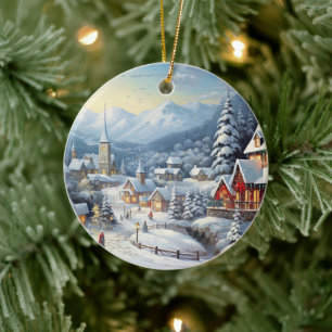 Schönes Dorf an einem Weihnachtsfeiertag Keramik Ornament