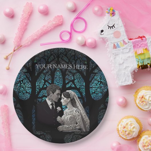 Schönes Ehepaar auf einem blauen Baum des Lebens Pappteller (Party)