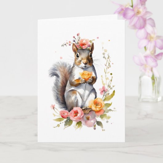 Schönes Eichhörnchen mit Frühlingsblüten Karte (Orchidee)