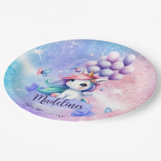 Schönes Einhorn mit Balloons Papier Teller (Schrägansicht)