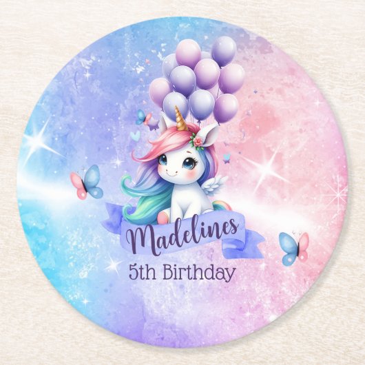 Schönes Einhorn mit Balloons Papier Untersetzer (Vorderseite)