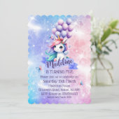 Schönes Einhorn mit Balloons Thema Einladungen (Stehend Vorderseite)