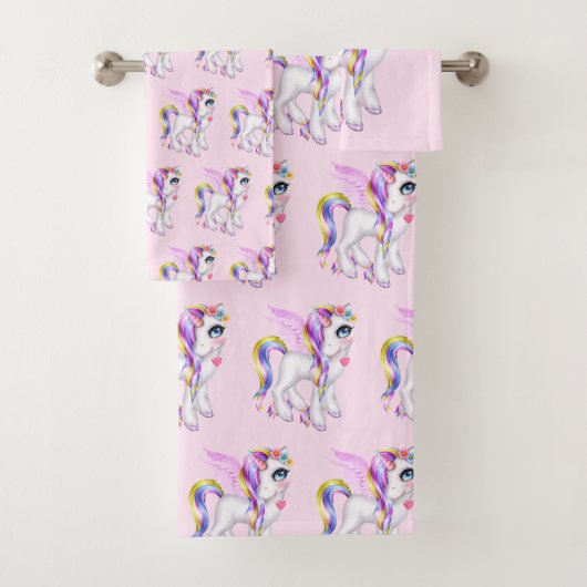 Schönes Einhorn mit Rainbow Mane Muster Badhandtuch Set (Insitu)