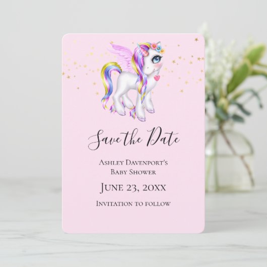 Schönes Einhorn mit Regenbogen Mane Dusche Save The Date (Stehend Vorderseite)