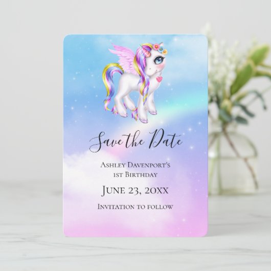 Schönes Einhorn mit Regenbogenmane Save The Date (Stehend Vorderseite)