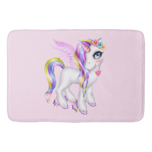 Schönes Einhorn mit Regenbogenmane und Schwanz Badematte