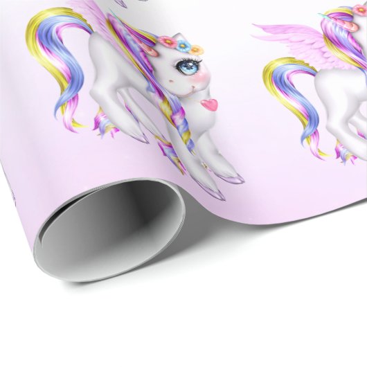 Schönes Einhorn mit Regenbogenmane und Schwanz Geschenkpapier (Rolleneckpunkt)