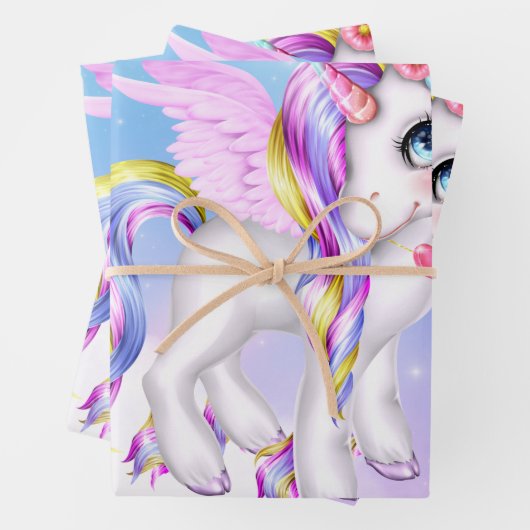 Schönes Einhorn mit Regenbogenmane und Schwanz Geschenkpapier Set (Beispiel)