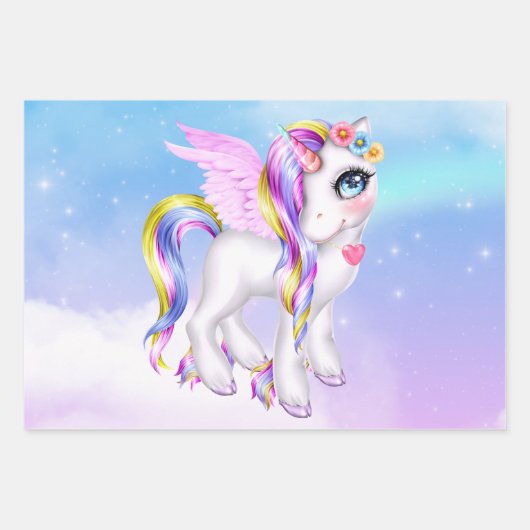 Schönes Einhorn mit Regenbogenmane und Schwanz Geschenkpapier Set (Vorderseite)