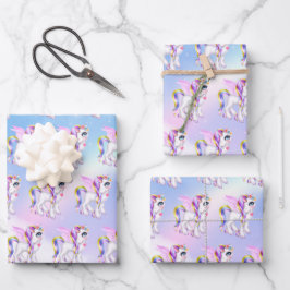 Schönes Einhorn mit Regenbogenmane und Schwanz Geschenkpapier Set