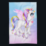 Schönes Einhorn mit Regenbogenmane und Schwanz Geschirrtuch<br><div class="desc">Ein Küchentuch mit einem Einhornbild mit großen blauen Augen,  rosa Flügeln und Regenbogenmane und Schwanz. Kawaii niedlich.</div>