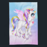 Schönes Einhorn mit Regenbogenmane und Schwanz Geschirrtuch<br><div class="desc">Ein Küchentuch mit einem Einhornbild mit großen blauen Augen,  rosa Flügeln und Regenbogenmane und Schwanz. Kawaii niedlich.</div>