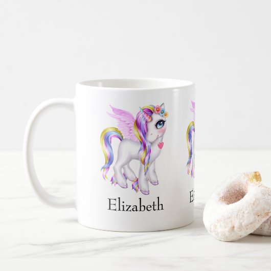 Schönes Einhorn mit Regenbogenmane und Schwanz Kaffeetasse (Mit Donut)