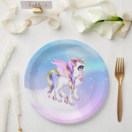 Schönes Einhorn mit Regenbogenmane und Schwanz Pappteller (Hochzeit)