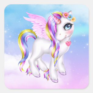 Schönes Einhorn mit Regenbogenmane und Schwanz Quadratischer Aufkleber