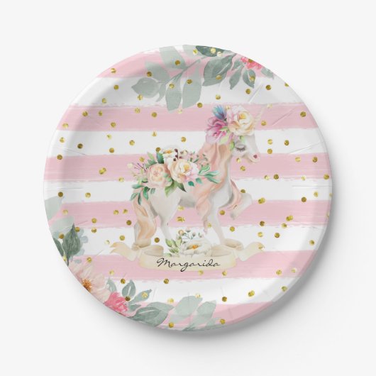 Schönes Einhorn Pastellfarben Rosa Streifen Glitze Pappteller (Vorderseite)