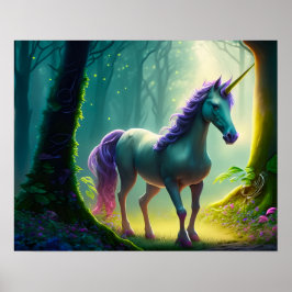 Schönes Einhorn stehend im Wald. Poster