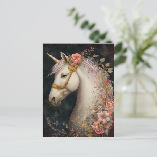 Schönes Einhorn und Blume Postkarte (Stehend Vorderseite)