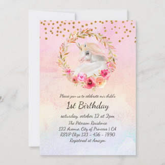 Schönes Einhorn Wasserfarbe Floral 1. Geburtstag I Einladung