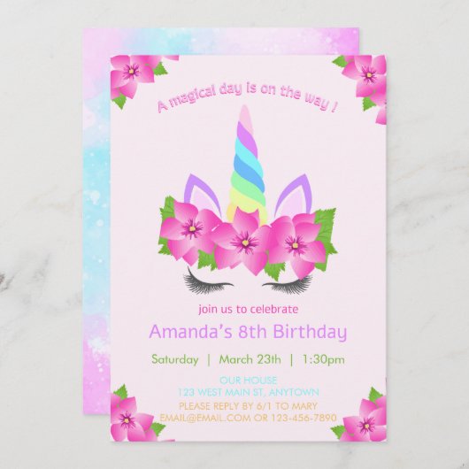 Schönes Einhorngesicht mit Blumengeschmack Geburts Einladung (Vorne/Hinten)