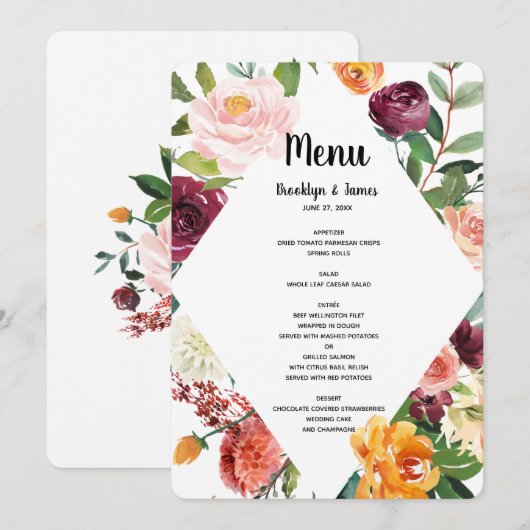 Schönes Fall-Blume-Hochzeitmenü Menükarte (Vorne/Hinten)