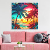 Schönes, farbenfrohes Strandhaus mit Palmen Leinwanddruck (Insitu (Wohnzimmer))