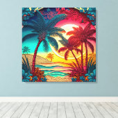 Schönes, farbenfrohes Strandhaus mit Palmen Leinwanddruck (Insitu (Holzboden))