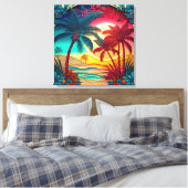 Schönes, farbenfrohes Strandhaus mit Palmen Leinwanddruck (Insitu (Schlafzimmer))