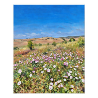 Schönes Feld für Wildblume unter dem blauen Himmel Poster