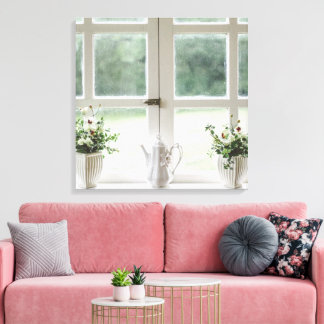 Schönes Fenster zu den Vasen Außenbereich & Blume Leinwanddruck