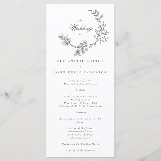 Schönes florales Monogramm-Skizze-Hochzeitsprogram Programm (Vorderseite)