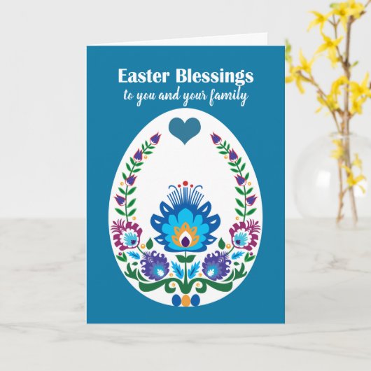 Schönes Folklore Blaues Pysanka Ostereier, maßgesc Karte (Gelbe Blume)