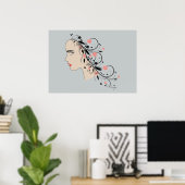 Schönes Frauenprofil mit Blume und Wirbel Poster (Heimbüro)