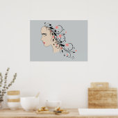 Schönes Frauenprofil mit Blume und Wirbel Poster (Küche)