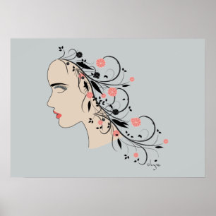Schönes Frauenprofil mit Blume und Wirbel Poster