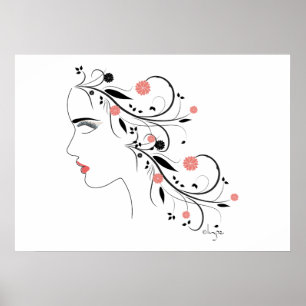 Schönes Frauenprofil mit Blume und Wirbel Poster