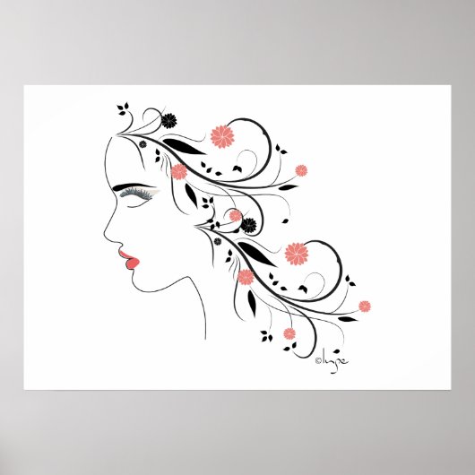 Schönes Frauenprofil mit Blume und Wirbel Poster (Vorne)