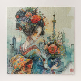 Schönes Geisha mit Blume Puzzle