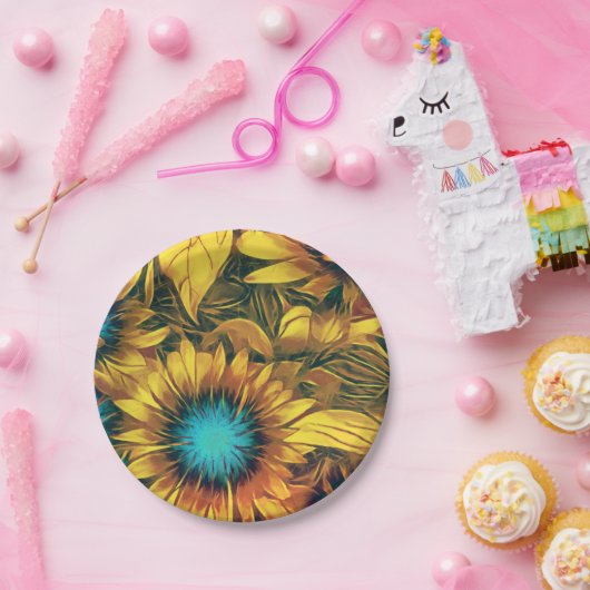 Schönes, gelbes, Aquamarines Blumenmuster Pappteller (Party)