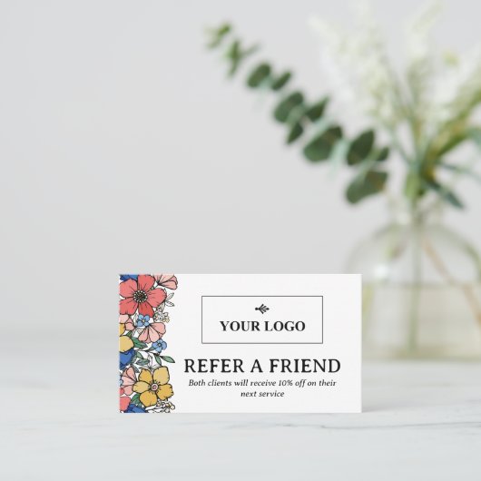 Schönes gelbes blaues Korallen-Blumenlogo Empfehlungskarte (Stehend Vorderseite)