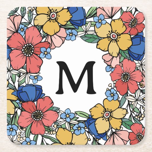 Schönes gelbes blaues Korallenblumenmonogramm Rechteckiger Pappuntersetzer (Vorderseite)
