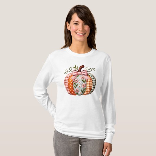 Schönes gequiltes Patchwork Gemustert Pumpkin T-Shirt (Vorne ganz)